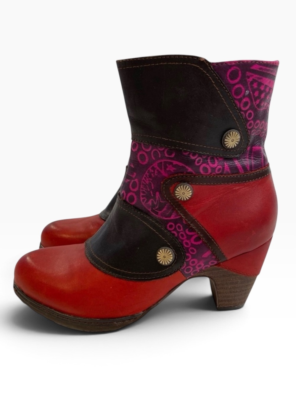 Italmoda red genuine leather ankle boots boho artsy patchwork chunky heel 36